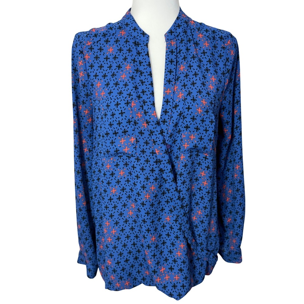 Maeve Eva Blue Floral‎ Print Faux Wrap Blouse Top Size 6 Career Business Casual
